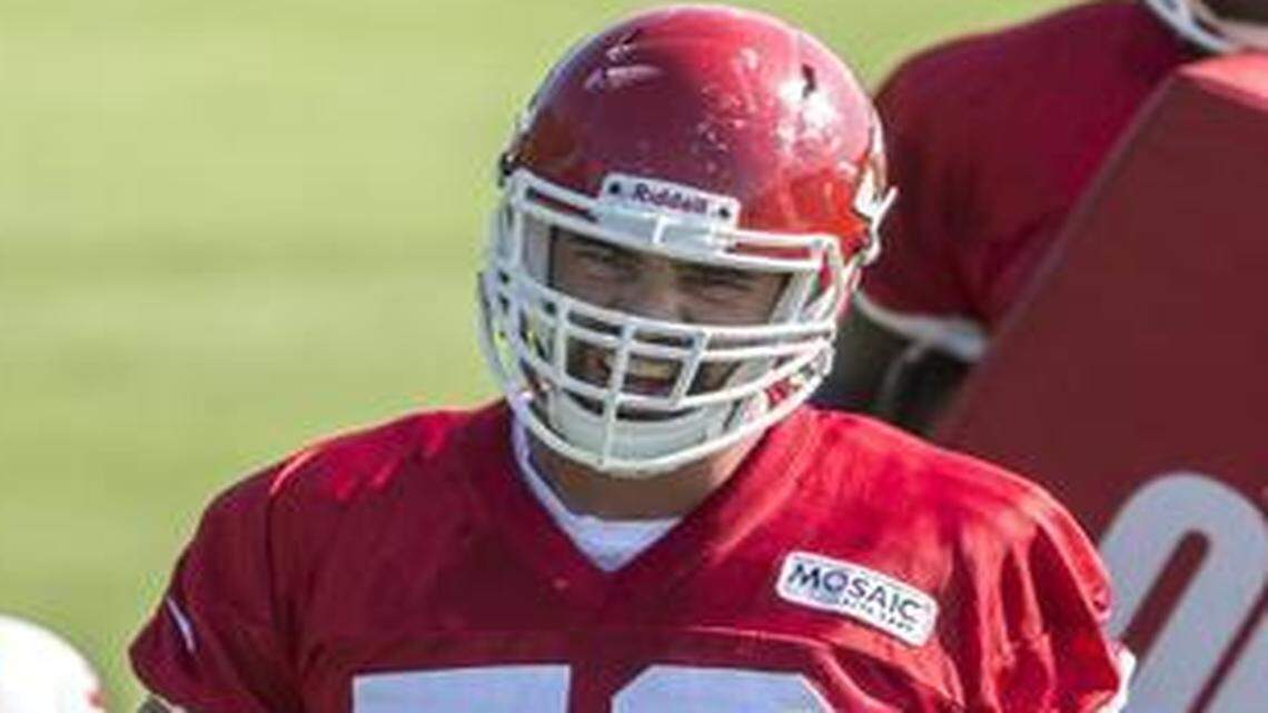 
Chiefs head coach Andy Reid says of offensive tackle Laurent Duvernay-Tardif (76, pictured in training camp in 2014): “He’s smart, strong and a good athlete. I think he just needs to play more. I think he has nice upside, though.”
