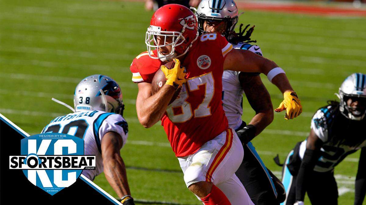 Travis Kelce leaves three Carolina Panthers in his wake after hauling in a Patrick Mahomes pass.
