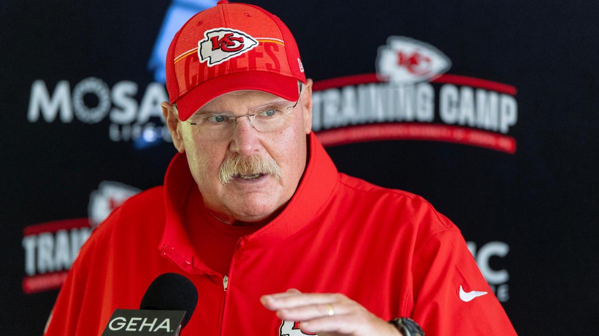 Kansas City Chiefs head coach Andy Reid speaks during a press conference following a Chiefs training camp practice on Tuesday, Aug. 15, 2023, in St. Joseph, Mo.