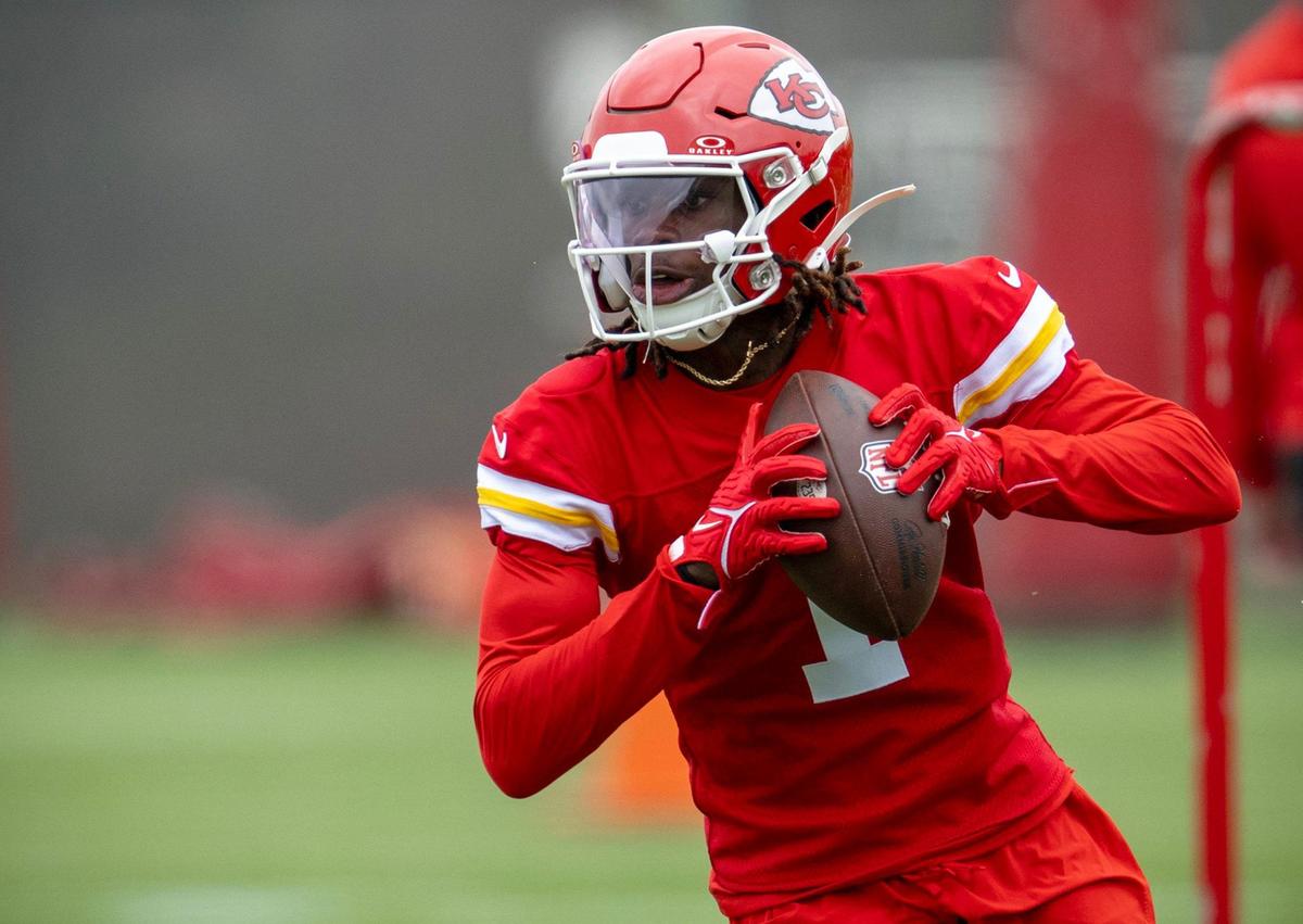 Kansas City Chiefs draft pick Xavier Worthy, a wide receiver, goes for a pass during Chiefs rookie minicamp on Saturday, May 4, 2024. at the team’s practice facility in Kansas City.