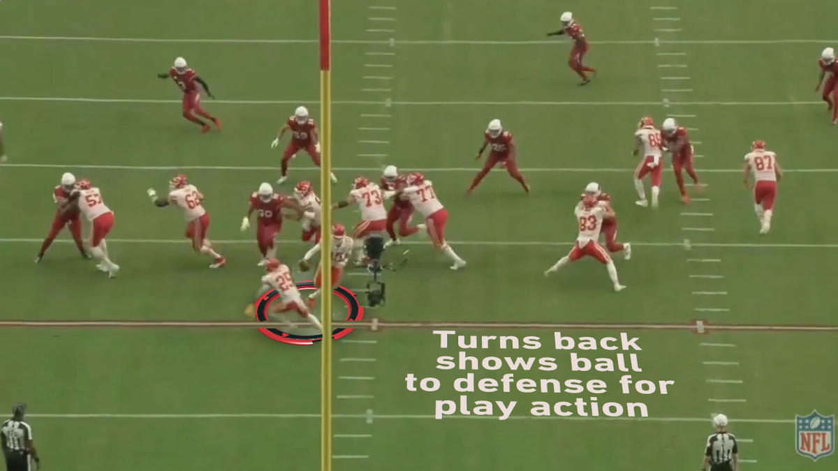 Mahomes shows play action.