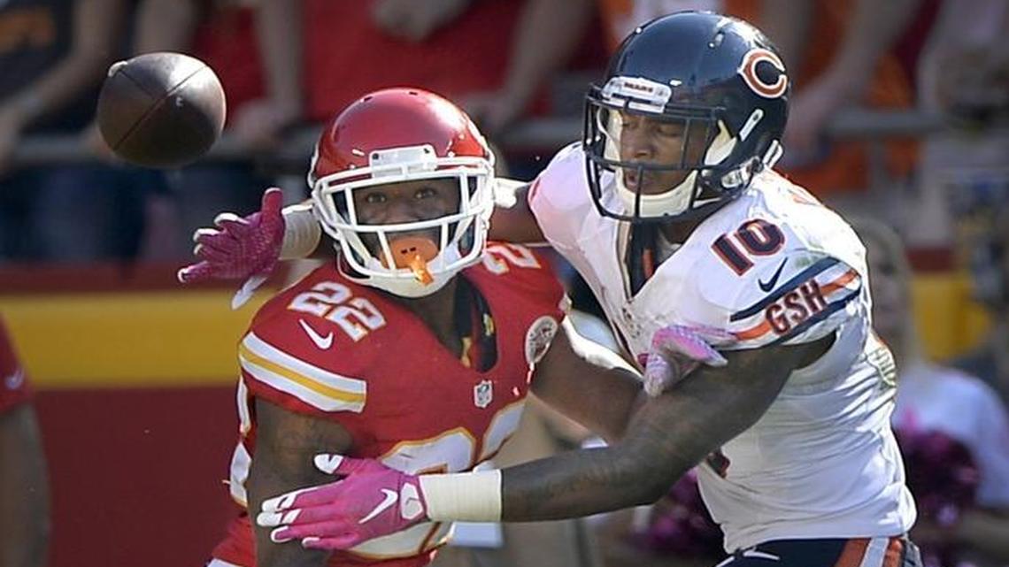 
Chiefs cornerback Marcus Peters was called for pass interference on the Bears’ Marquess Wilson in the fourth quarter of last Sunday’s game.
