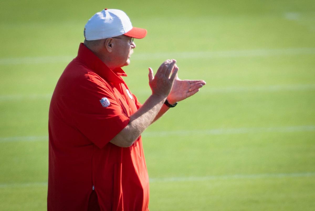 Chiefs coach Andy Reid looks on during training camp at Missouri Western State University on Friday, July 19, 2024, in St. Joseph.