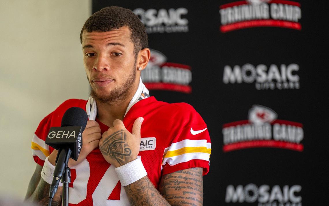 Kansas City Chiefs wide receiver Skyy Moore (24) addresses the media during a press conference following practice at Chiefs training camp on Sunday, Aug. 4, 2024, in St. Joseph.