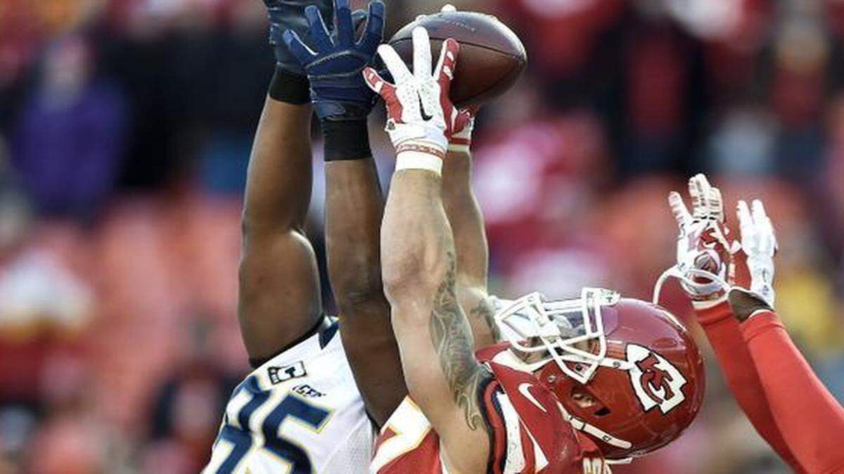 
Kansas City Chiefs safety Kurt Coleman intercepted a pass intended for San Diego Chargers tight end Antonio Gates on the last play of the game on Dec. 28, 2014, at Arrowhead Stadium.
