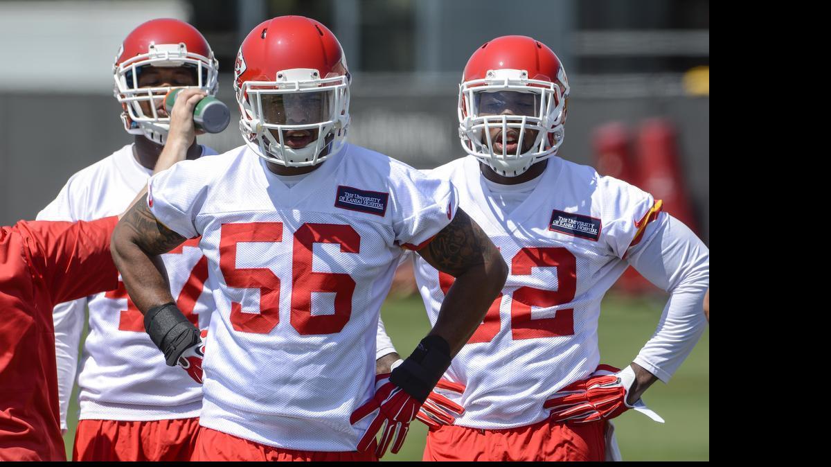 
Kansas City Chiefs linebacker Derrick Johnson (56) waited for his turn in practice during team organized team activities (OTA) at the Arrowhead practice facility on May 27, 2015.
