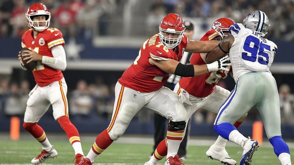 Chiefs guard Laurent Duvernay-Tardif (second from left) blocks during a November 2017 game against the Dallas Cowboys in Arlington, Texas.