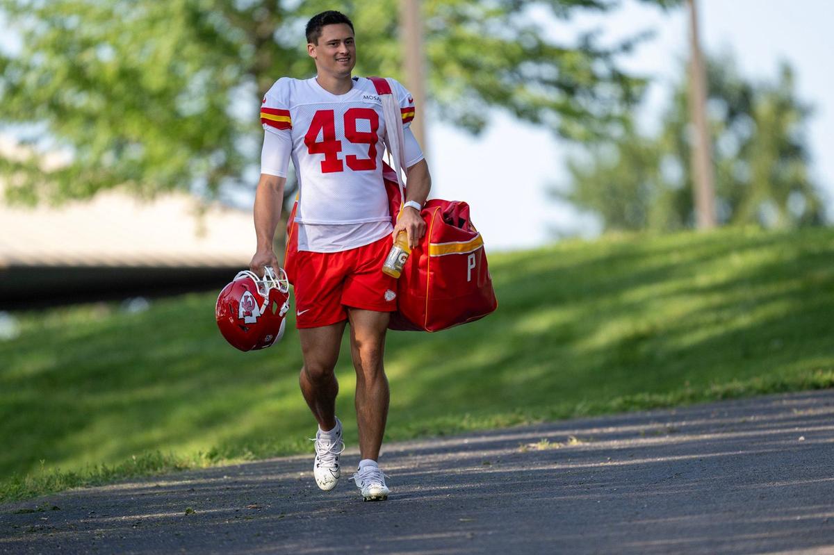 Chiefs punter Matt Araiza arrives for practice during training camp at Missouri Western State University on Friday, July 19, 2024, in St. Joseph.