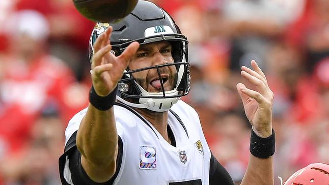 Jacksonville Jaguars quarterback Blake Bortles throws an incomplete pass under pressure form Kansas City Chiefs linebacker Breeland Speaks in the fourth quarter during Sunday’s football game on October 7, 2018 at Arrowhead Stadium in Kansas City, Mo.