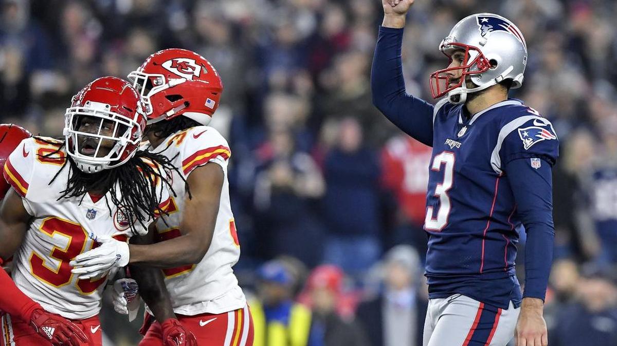 New England Patriots kicker Stephen Gostkowski celebrates his game winning field goal in the fourth quarter during Sunday’s football game against the Kansas City Chiefs on October 14, 2018 at Gillette Stadium in Foxborough, Mass.