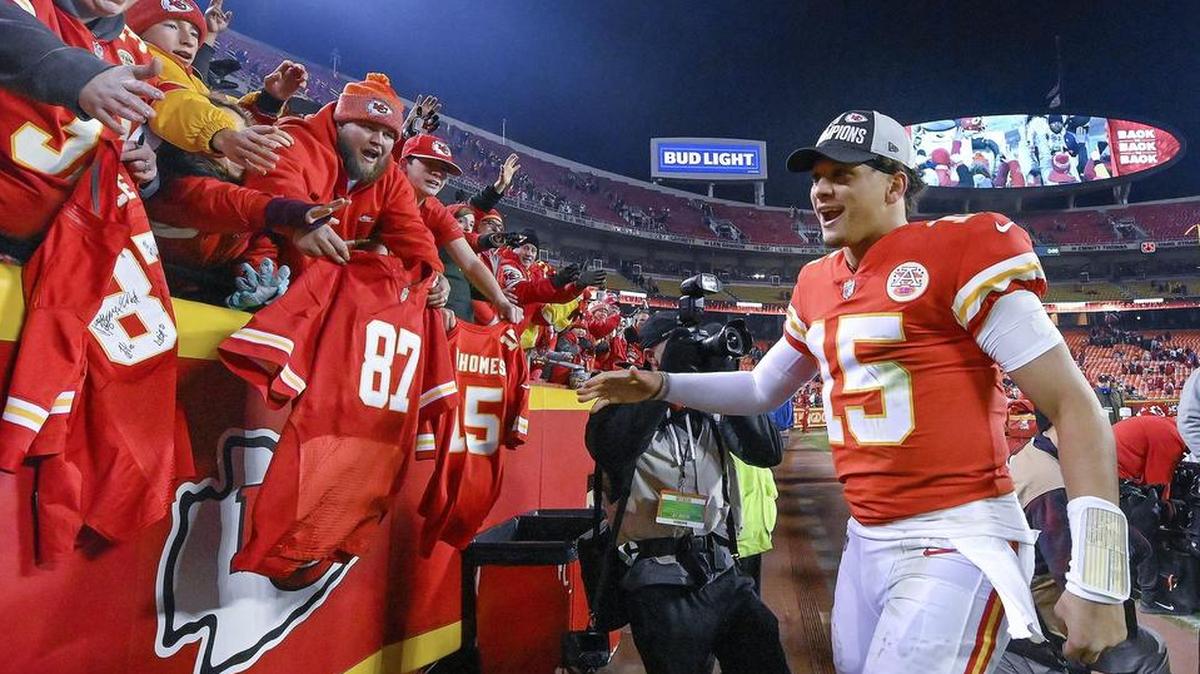 Kansas City Chiefs quarterback Patrick Mahomes celebrates with fans as he leaves the field after the teams 35-3 win against the Oakland Raiders during Sunday’s football game on December 30, 2018 at Arrowhead Stadium in Kansas City, Mo.