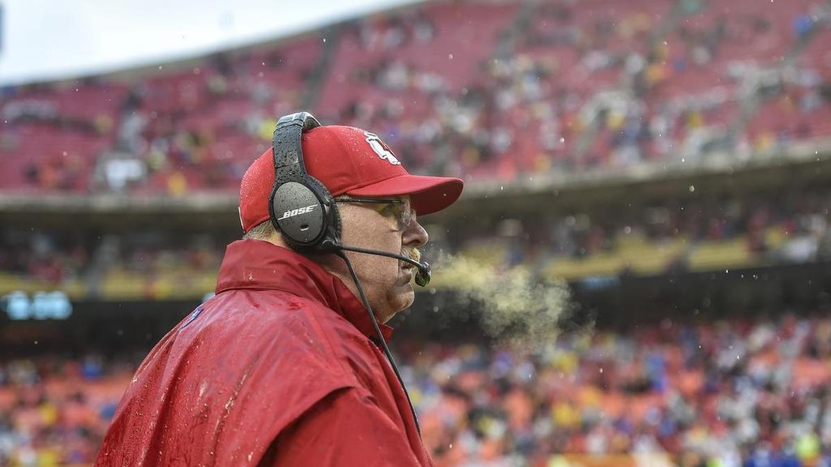 Kansas City Chiefs head coach Andy Reid watched the final seconds tick off the clock in the 30-22 win over the Buffalo Bills on Sunday, November 29, 2015 at Arrowhead Stadium in Kansas City, Mo.