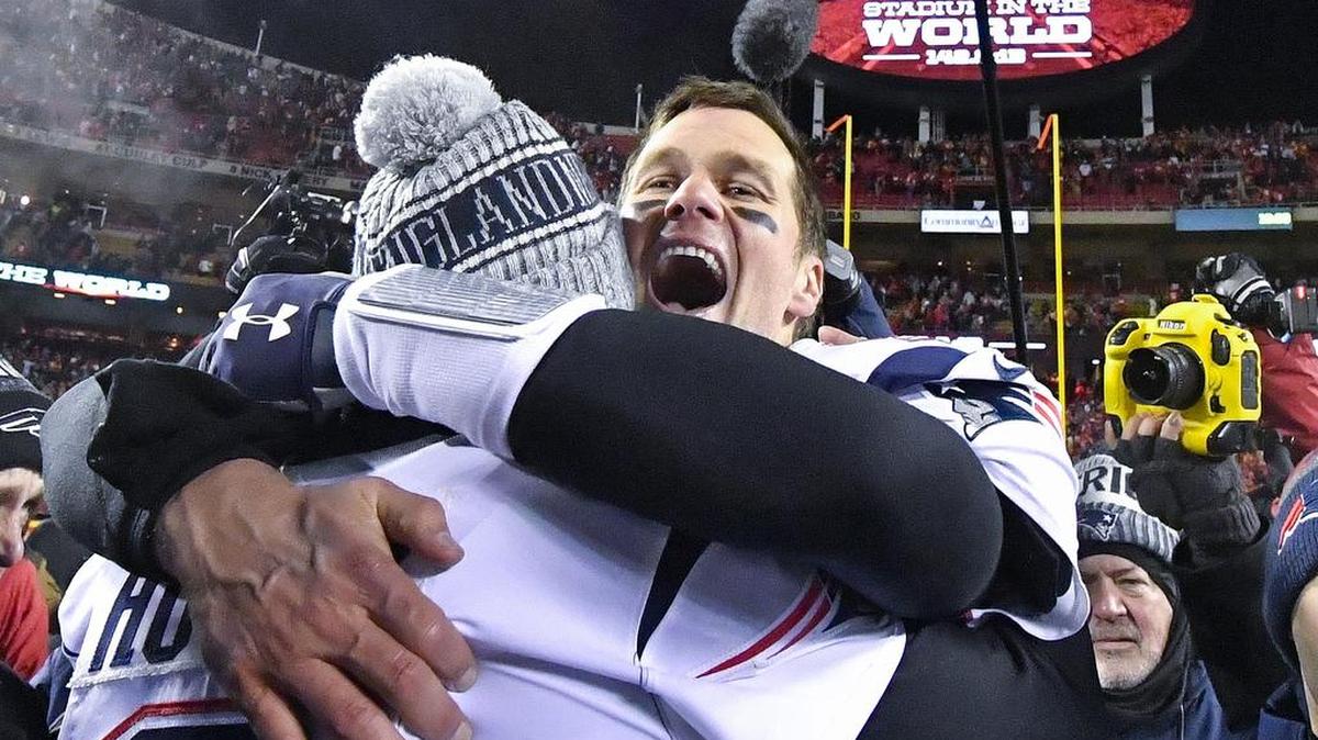 New England Patriots quarterback Tom Brady celebrates with Brian Hoyer after the game winning touchdown in overtime for a 37-31 win against the Kansas City Chiefs during Sunday’s AFC Championship Game on January 20, 2019 at Arrowhead Stadium in Kansas City, Mo.