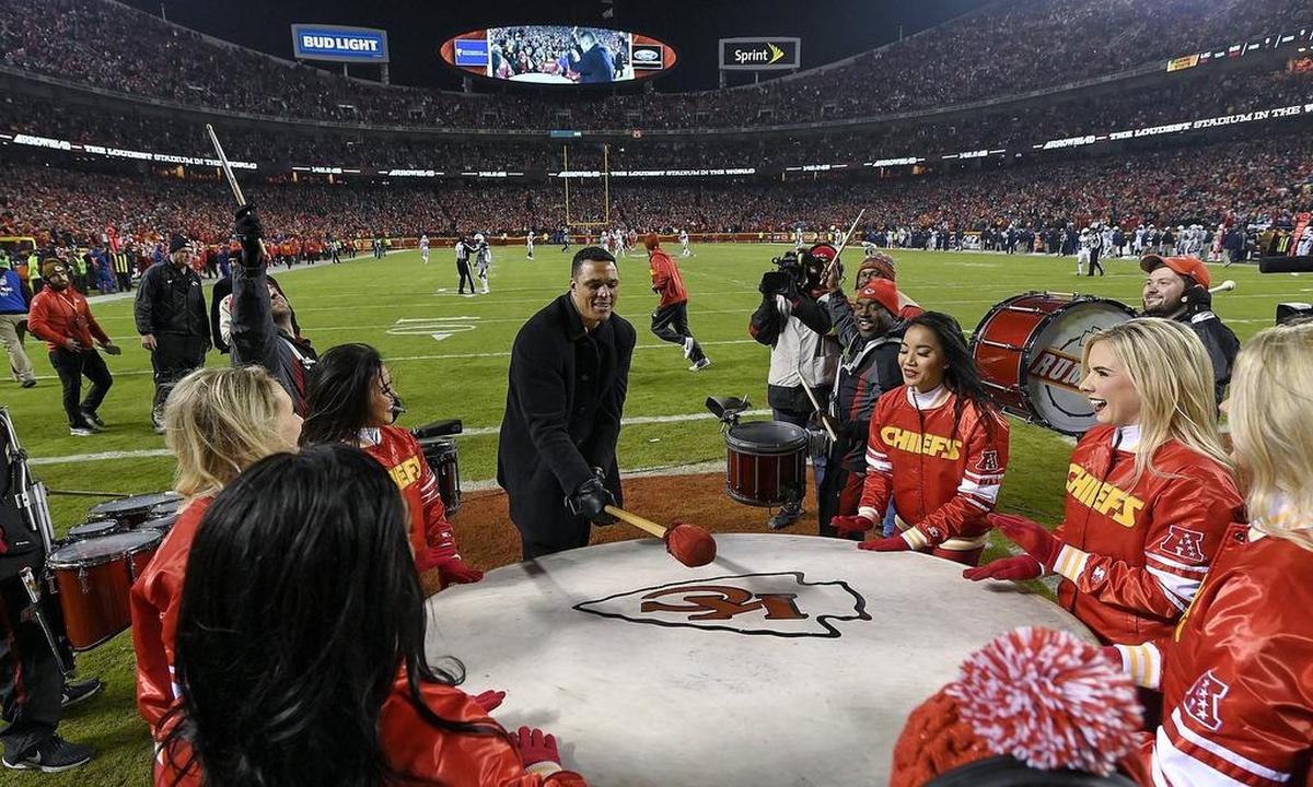 Former Kansas City Chiefs tight end Tony Gonzalez beats the drum before the start of a December 2018 game at Arrowhead Stadium.