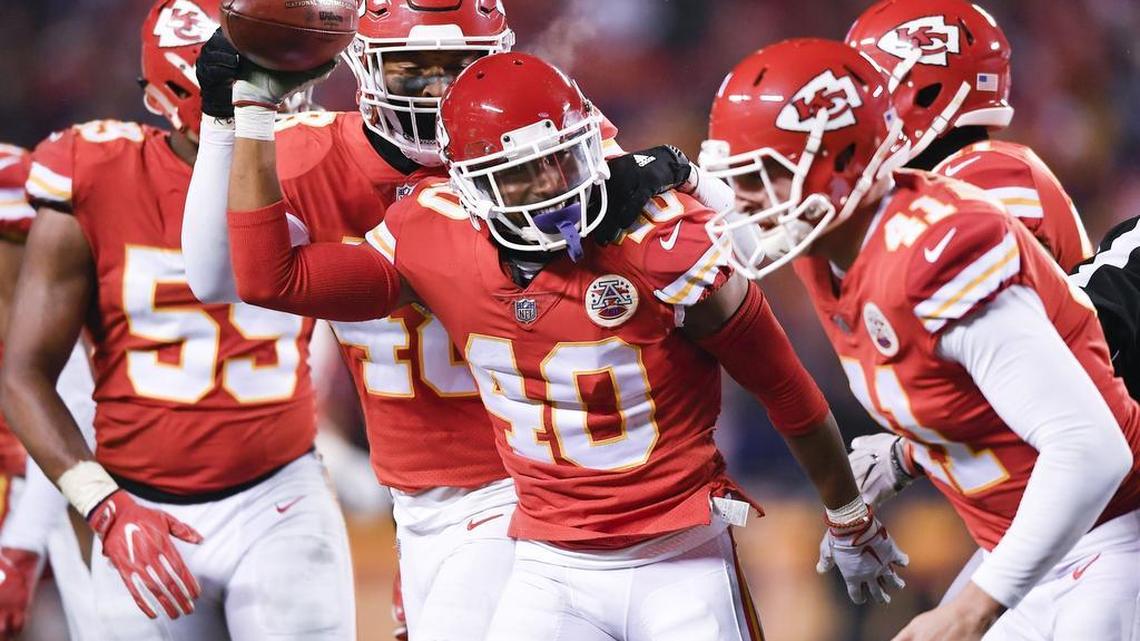 Kansas City Chiefs cornerback Keith Reaser (40) celebrated after recovering a fumble after ennessee Titans' Adoree' Jackson (25) fumbled during the Kansas City Chiefs and Tennessee Titans football game at Arrowhead Stadium on Saturday, January 6, 2018, in Kansas City, Missouri.