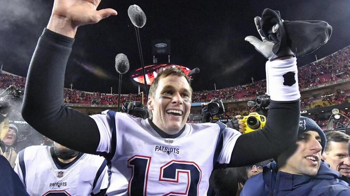 Patriots quarterback Tom Brady celebrated the game-winning touchdown after New England beat the host Chiefs 37-31 in overtime in the AFC Championship Game at Kansas City’s Arrowhead Stadium on Jan. 20, 2019.