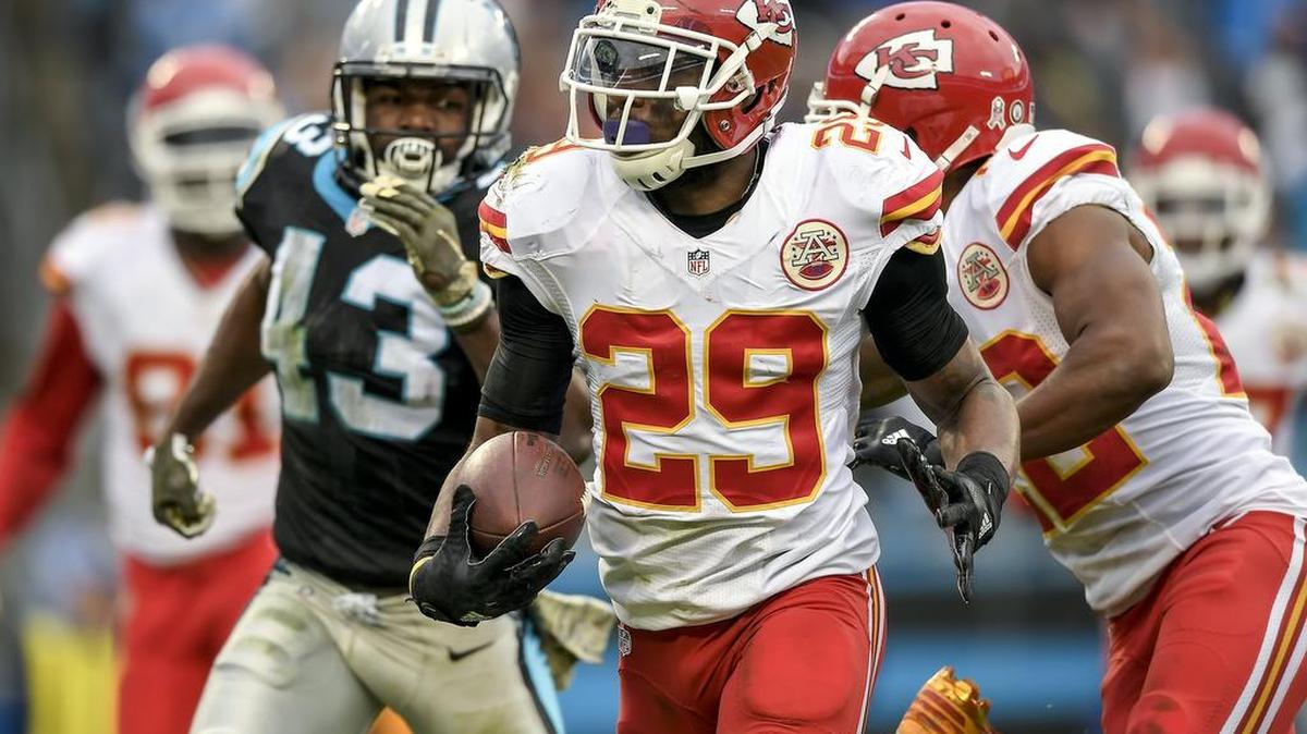 Kansas City Chiefs strong safety Eric Berry (29) returned his 42-yard interception for a touchdown past Carolina Panthers running back Fozzy Whittaker (43) in the fourth quarter on November 13, 2016 at Bank of America Stadium in Charlotte, NC. The Chiefs won, 20-17.