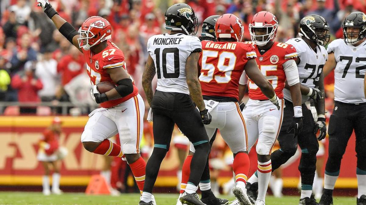 Kansas City Chiefs linebacker Breeland Speaks celebrates recovering a fumbled ball by Jacksonville Jaguars quarterback Blake Bortles that was striped by Kansas City Chiefs’ Dee Ford in the second quarter during Sunday’s football game on October 7, 2018 at Arrowhead Stadium in Kansas City, Mo.