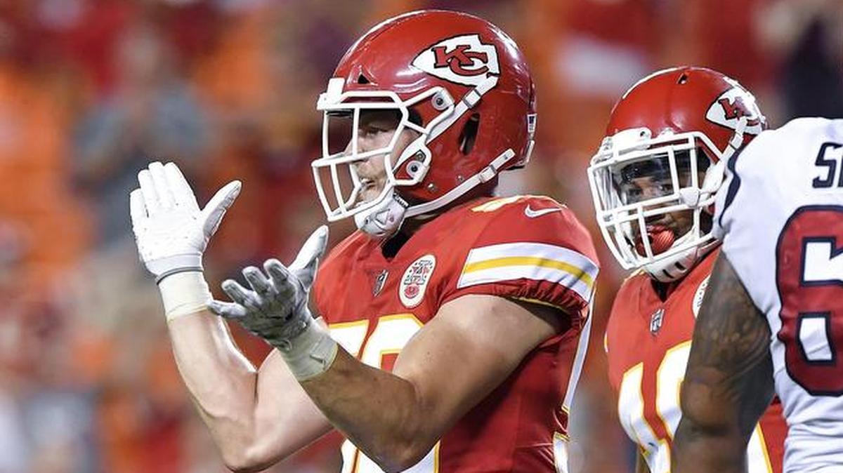 Chiefs linebacker Ben Niemann celebrates after stopping Houston Texans running back Lavon Coleman at the three-yard line on a fourth-down play during a preseason game at Arrowhead Stadium.