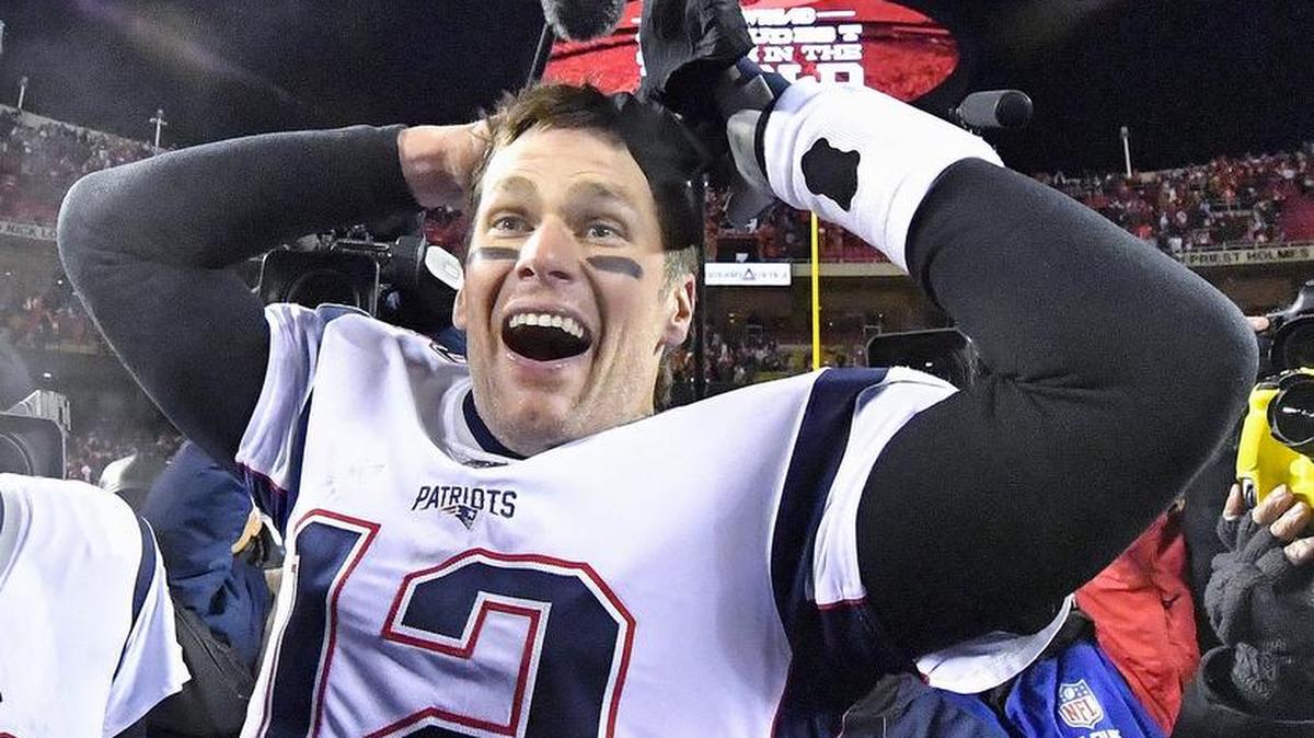 New England Patriots quarterback Tom Brady celebrates after the game winning touchdown in overtime for a 37-31 win against the Kansas City Chiefs during Sunday’s AFC Championship Game on January 20, 2019 at Arrowhead Stadium in Kansas City, Mo.