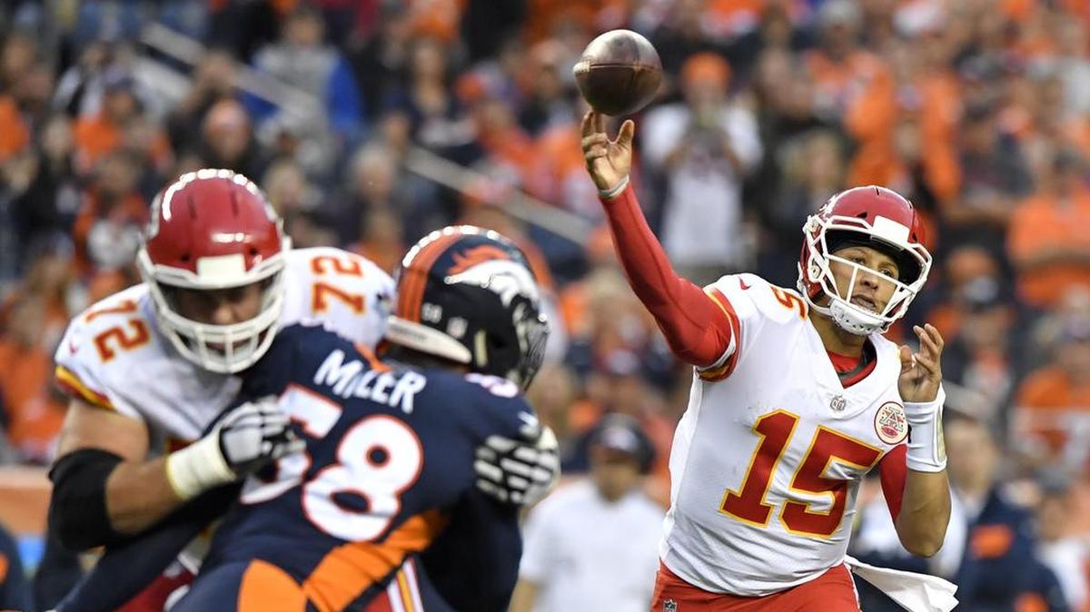 Kansas City Chiefs offensive tackle Eric Fisher, 72, blocked Denver Broncos linebacker Von Miller to give quarterback Patrick Mahomes time to throw in the first quarter during the game Monday, October 1, 2018 at Mile High Stadium in Denver, Colorado.