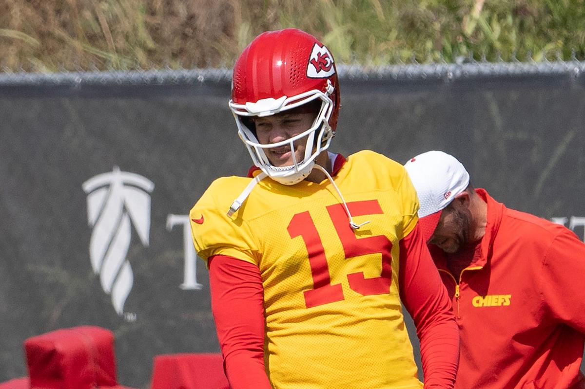 Kansas City Chiefs quarterback Patrick Mahomes (15) stretches during practice at the Chiefs’ training facility on Thursday, Sept. 5, 2024, in Kansas City.