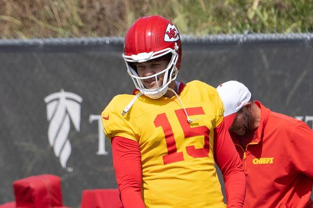 Kansas City Chiefs quarterback Patrick Mahomes (15) stretches during practice at the Chiefs’ training facility on Thursday, Sept. 5, 2024, in Kansas City.
