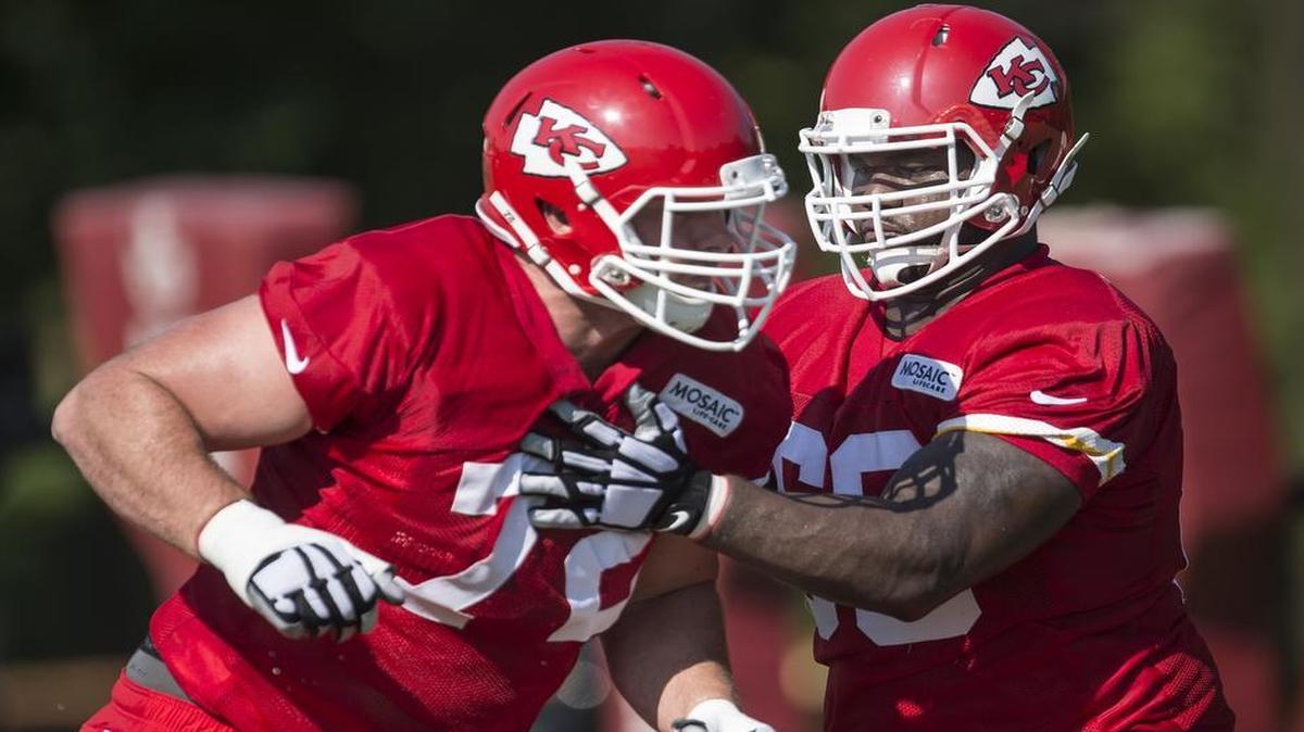 
Kansas City Chiefs guard Ben Grubbs worked on technique with tackle Eric Fisher during training-camp practice Sunday morning.

