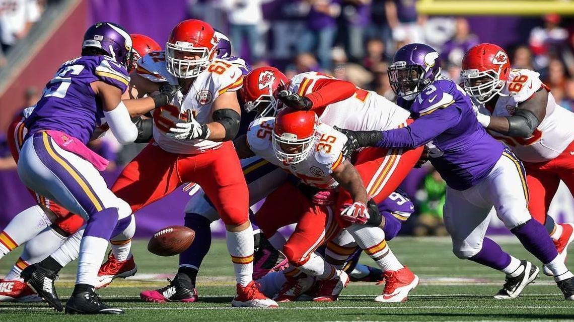
Kansas City Chiefs running back Charcandrick West fumbled with 4:38 left in the game against the Vikings on Sunday at TCF Stadium in Minneapolis. The Vikings recovered and won, 16-10.

