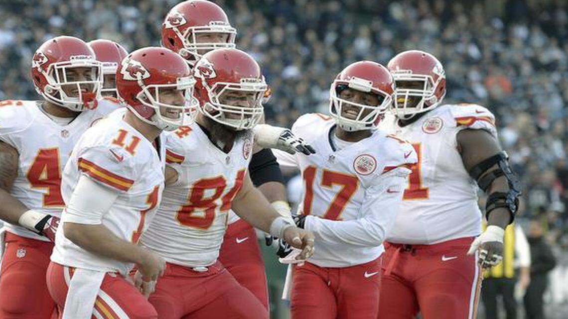 
Chiefs tight end Sean McGrath (84) celebrated his third-quarter touchdown against the Raiders on Dec. 15 at Oakland Coliseum.
