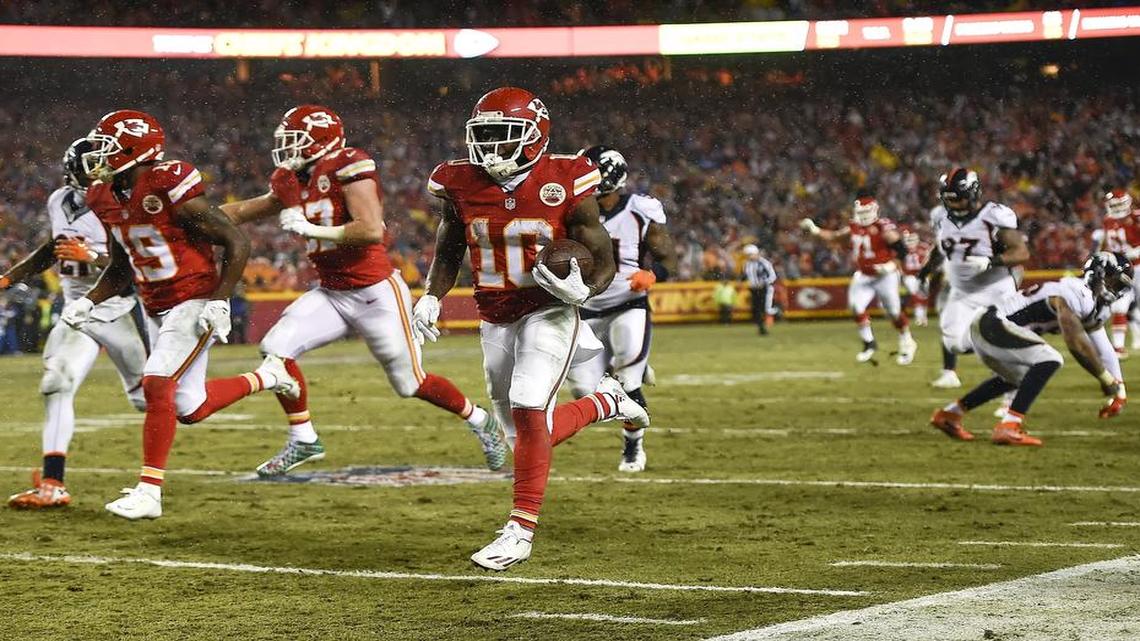 Chiefs wide receiver Tyreek Hill ran for one of his franchise-rookie-record 12 touchdowns this season in a Dec. 25 game against Denver at Arrowhead Stadium in Kansas City.