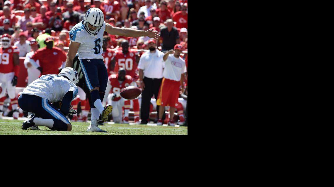 
Tennessee Titans kicker Ryan Succop (8) completes a field goal with 3 seconds left in the second half during Sunday's football game against the Kansas City Chiefs at Arrowhead Stadium.
