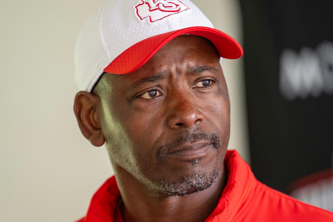 Kansas City Chiefs defensive backs coach Dave Merritt addressed the media during a press conference following practice at training camp in August 2024, in St. Joseph.