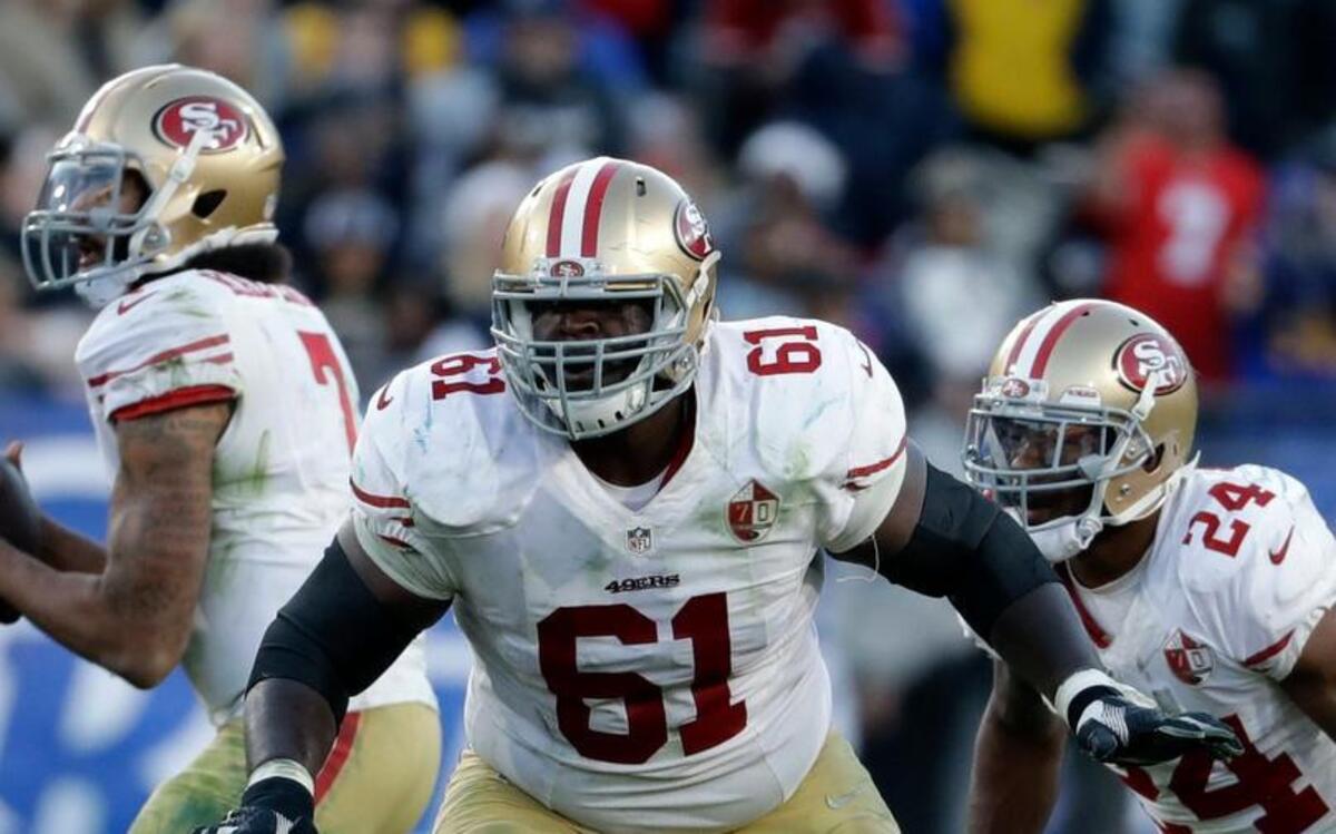 San Francisco 49ers guard Andrew Tiller (61) during the first half against the Los Angeles Rams on Dec. 24, 2016, in Los Angeles.