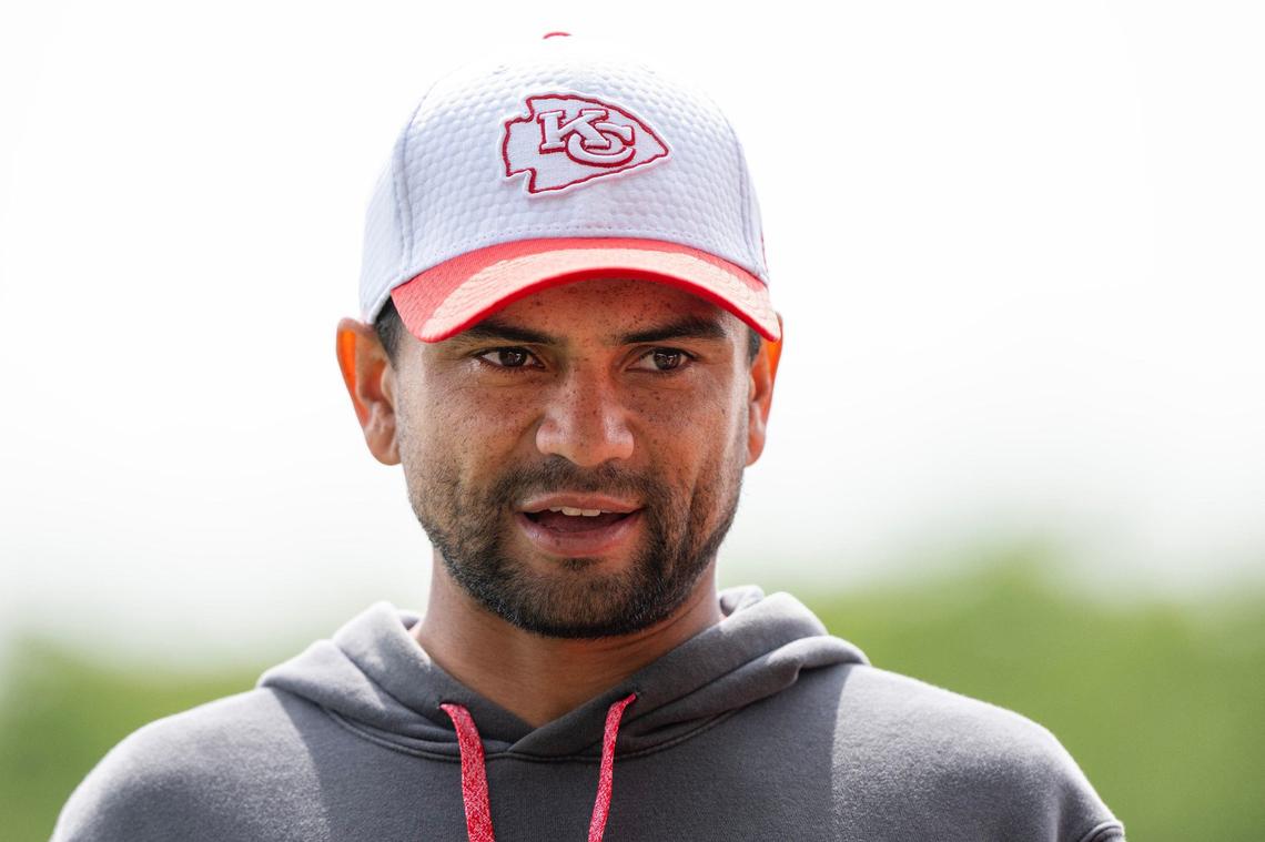 Kansas City Chiefs wide receivers coach Connor Embree is seen during practice at training camp on Wednesday, Aug. 14, 2024, in St. Joseph.