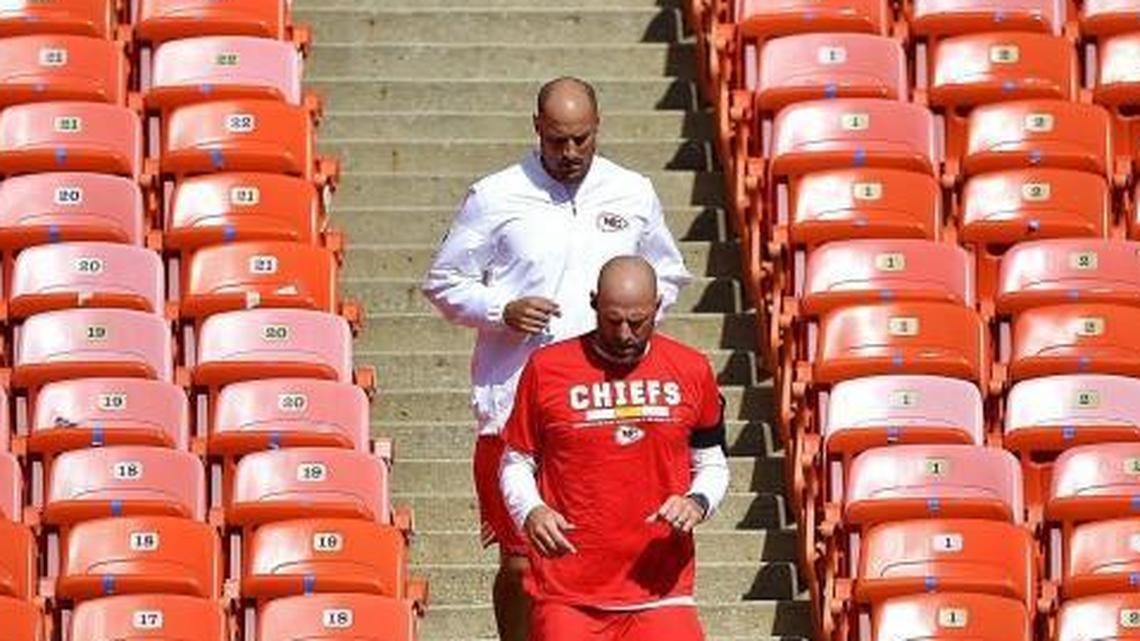 Kansas City Chiefs offensive coordinator Matt Nagy and offensive quality control coach Mike Kafka ran stairs before a game against the Pittsburgh Steelers on Oct. 14, 2017 at Arrowhead Stadium.