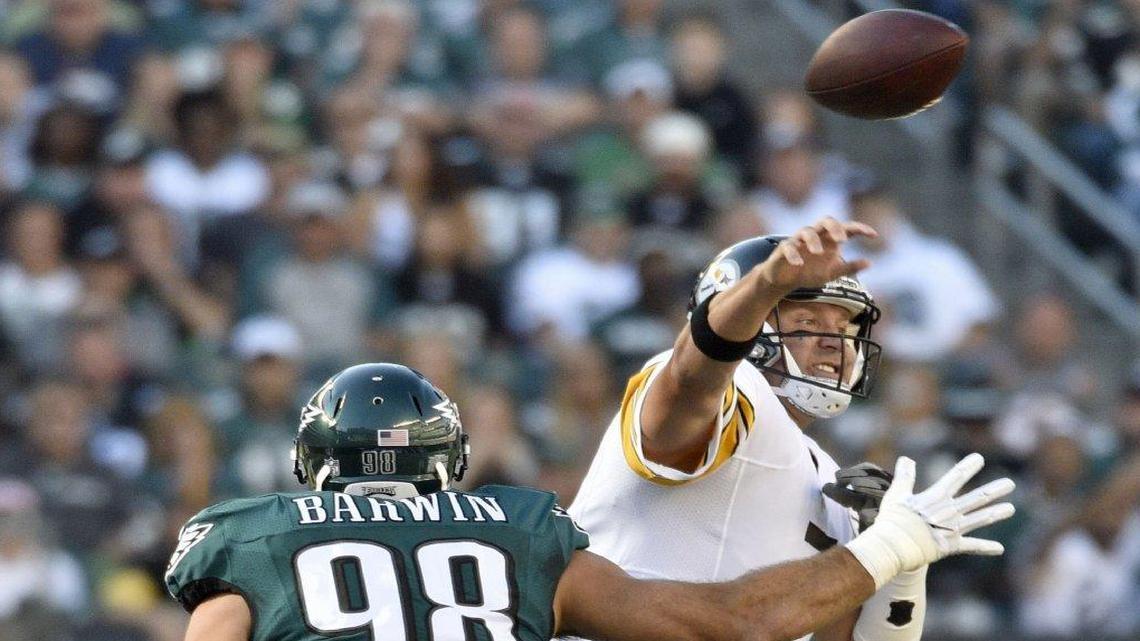 Steelers quarterback Ben Roethlisberger threw an interception and was sacked four times in a 34-3 loss to the Eagles on Sunday.