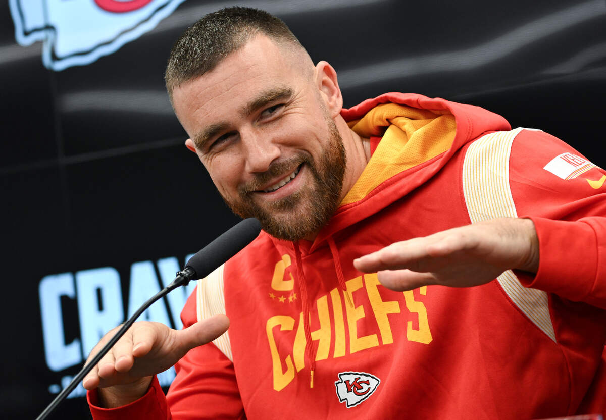 Travis Kelce speaks at a press conference previewing the Chiefs-Dolphins game in November 2023 in Frankfurt, Germany.
