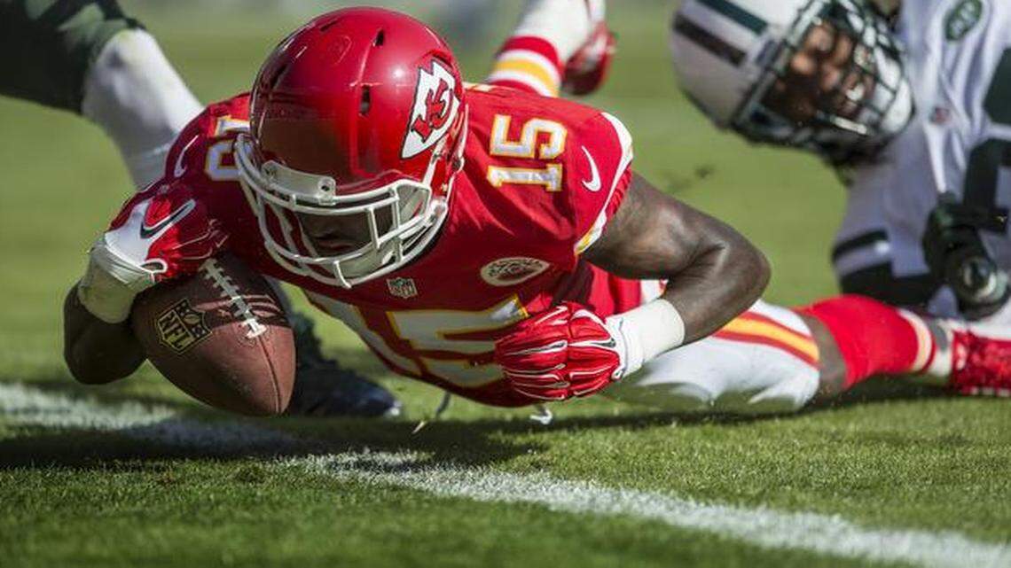 
Chiefs wide receiver A.J. Jenkins landed just short of the goal line in the first quarter against the New York Jets last Sunday.
