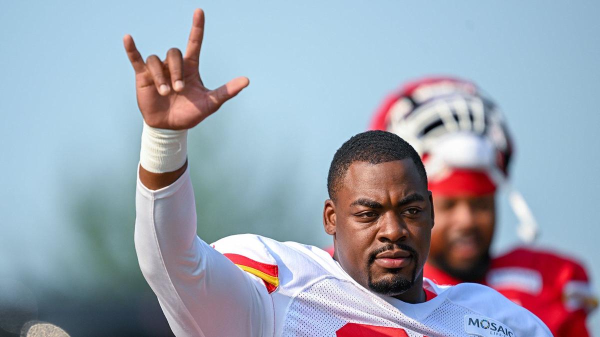 Chiefs defensive tackle Chris Jones acknowledges the fans as he walks to the field for training camp at Missouri Western State University on Saturday, July 27, 2024, in St. Joseph.