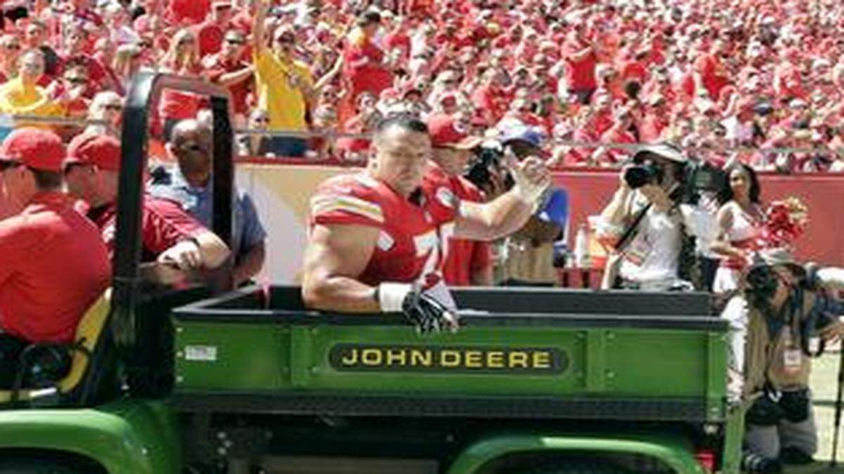 
Kansas City Chiefs defensive end Mike DeVito gave a thumbs up sign as he was wheeled off the field after getting injured against the Tennessee Titans on.

