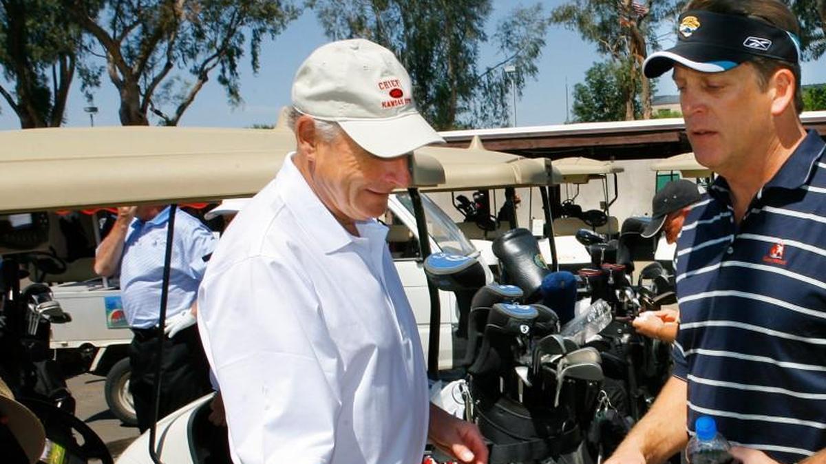 Hall of Famer Jan Stenerud, left, is an avid golfer with five holes in one to his credit. In this photo he’s golfing with Jack Del Rio, now coach of the Raiders, in Phoenix about 10 years ago.