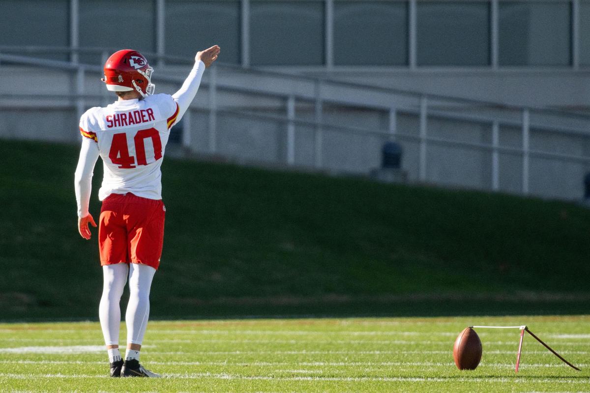 Kansas City Chiefs kicker Spencer Shrader practices kicks during Chiefs practice on Wednesday, Nov. 20, 2024.