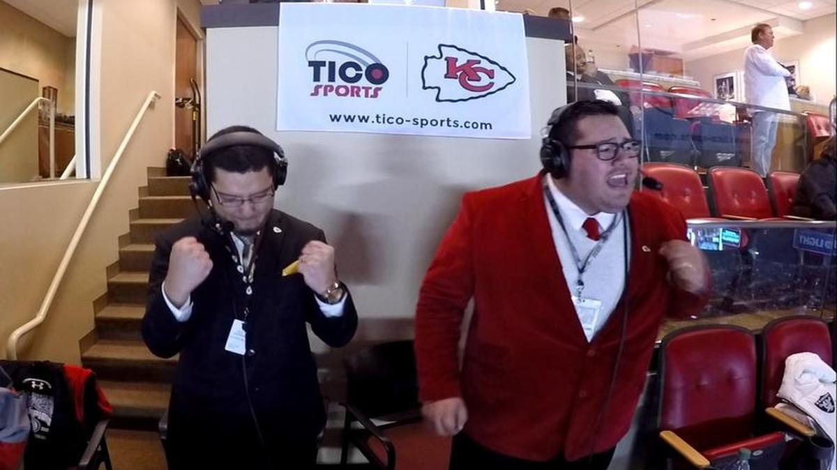 Oscar Monterroso, left, provides color commentary and Kiké Morales gives play-by-play of Kansas City Chiefs games. Their Tico Sports, part of Kansas City’s Tico Productions, will broadcast the Super Bowl in Spanish for fans of both the Chiefs and the Philadelphia Eagles.