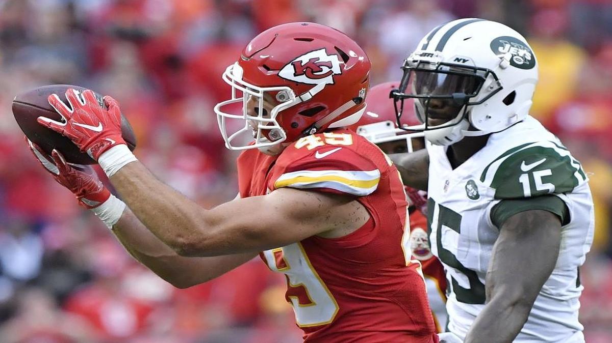 Kansas City Chiefs defensive back Daniel Sorensen intercepted a pass intended for New York Jets wide receiver Brandon Marshall in the fourth quarter of Sunday’s game.