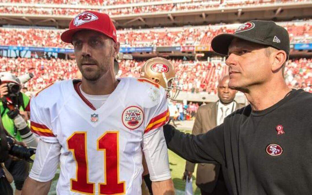 
Kansas City Chiefs quarterback Alex Smith ran into his former coach, Jim Harbaugh of the San Francisco 49ers, after the 49ers’ 22-17 victory Sunday in Santa Clara, Calif. Harbaugh said Smith played well, but it was clear the quarterback wanted the win against his old team.
