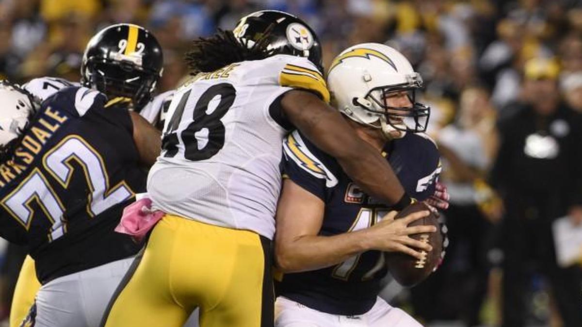 Pittsburgh Steelers linebacker Bud Dupree sacked San Diego Chargers quarterback Philip Rivers during the second half of a game on Oct. 12.