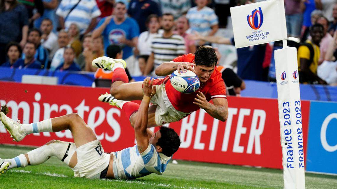 Wales wing Louis Rees-Zammit is shown in an October 14, 2023 file photo. He previously was released by his club Gloucester with immediate effect so the 22-year-old could pursue a career in the NFL.