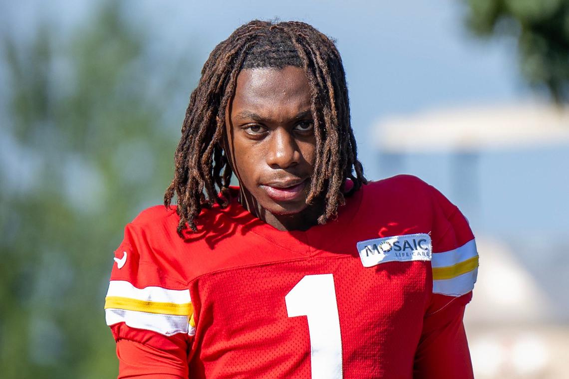 Kansas City Chiefs wide receiver Xavier Worthy (1) walks down to the field for practice at Chiefs training camp on Thursday, July 18, 2024, in St. Joseph.