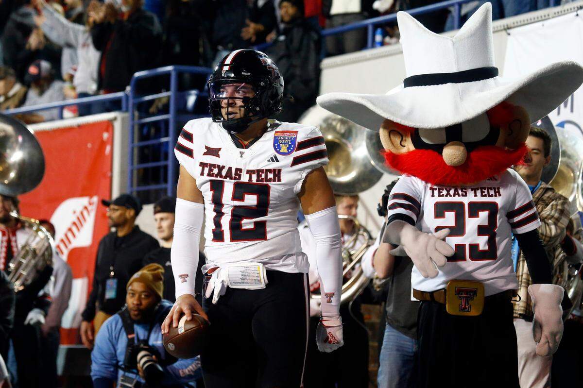 Texas Tech Red Raiders tight end Jalin Conyers (12) reacts after a touchdown during the second quarter against the Arkansas Razorbacks on Dec. 27, 2024, at Simmons Bank Liberty Stadium in Memphis, Tennessee.